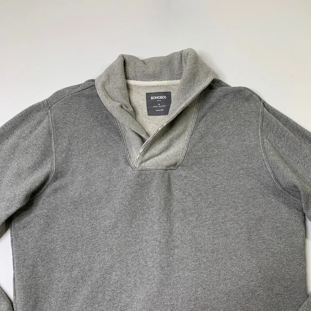 Bonobos Sweater Mens M Medium Grey Cotton Slim Fit Shawl Collar Pullover Preppy